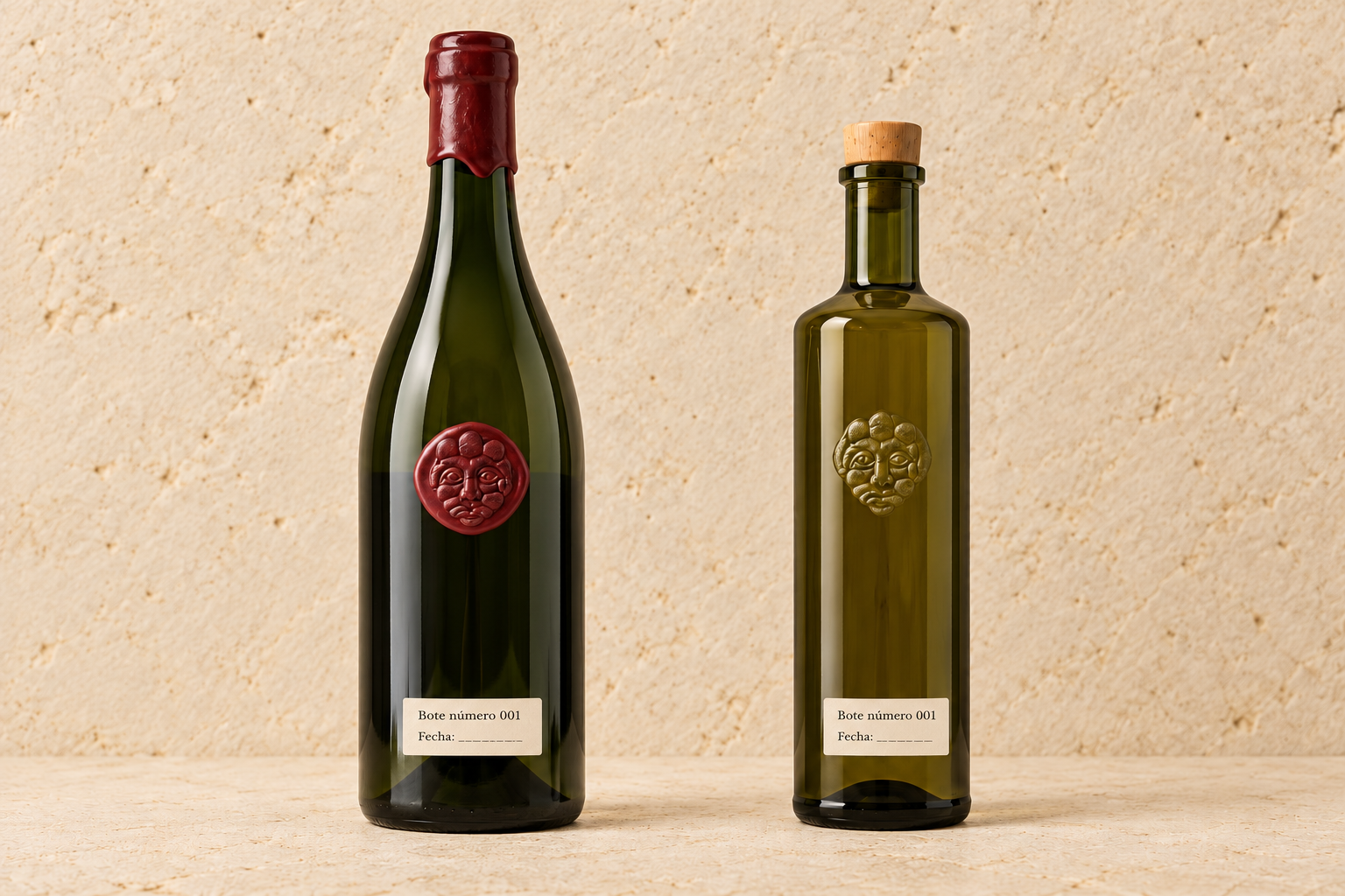 Botellas de vino y aceite Sanisera con el sello del rostro y un pequeño adhesivo rectangular numerado en la parte baja.