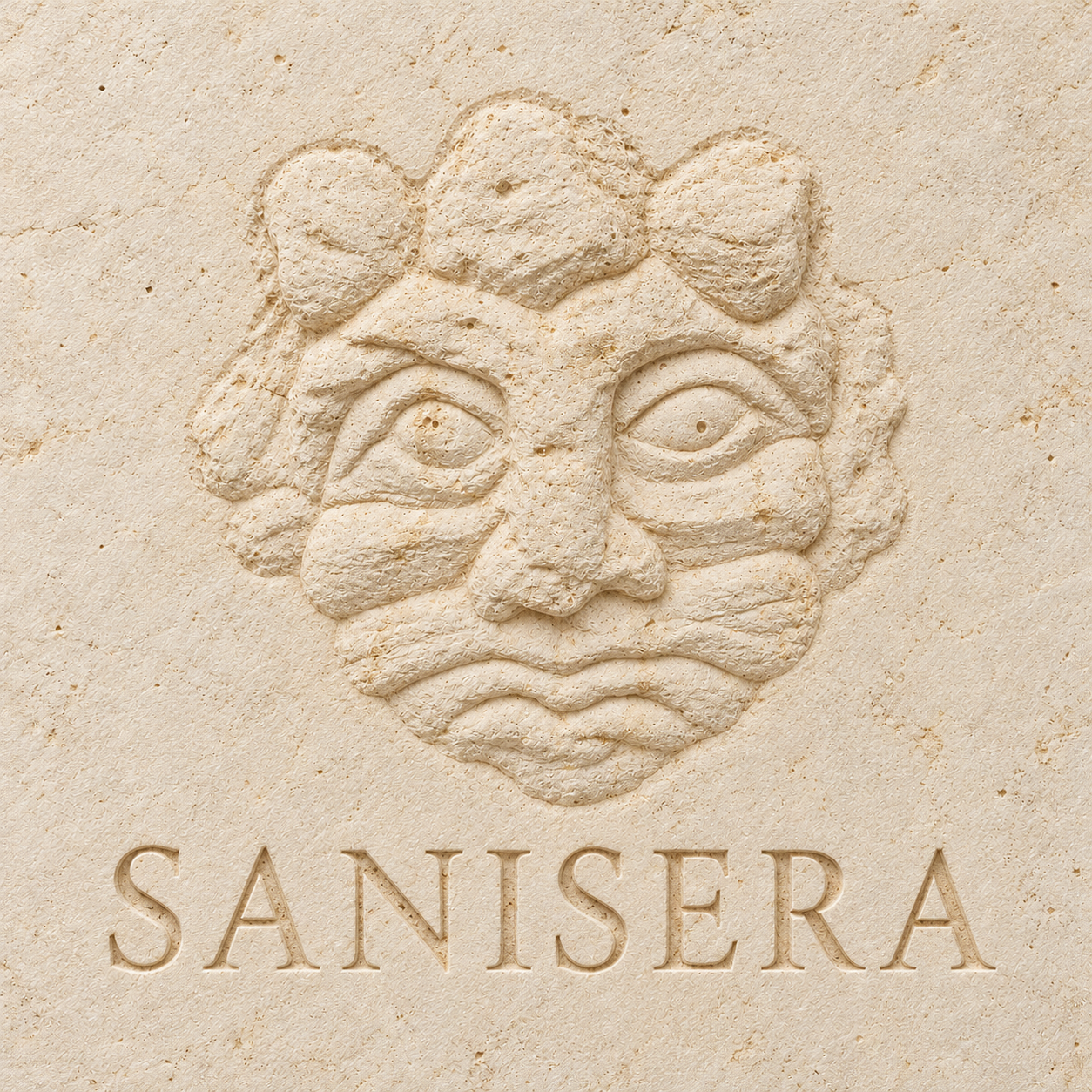 El rostro y el nombre Sanisera grabados en la misma superficie de piedra